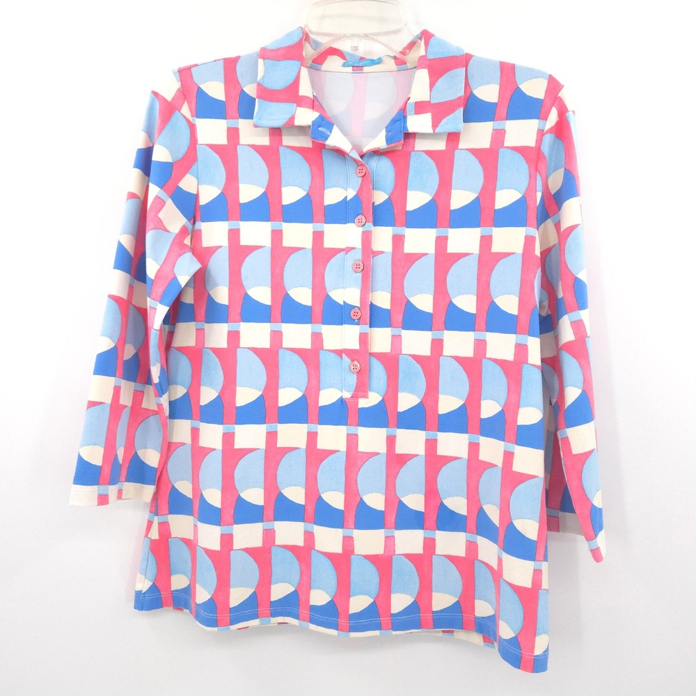 J.McLaughlin Court Polo Catalina Cloth Top‎ Women Medium Pink Blue 3/4 Sleeve